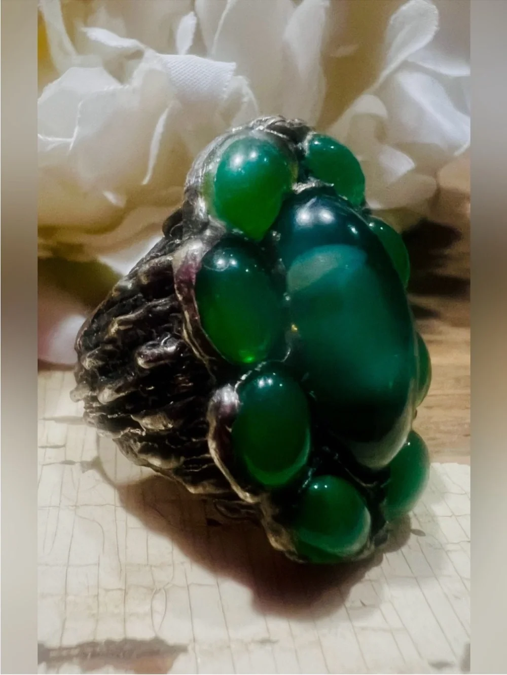 Antique Green Chalcedony Ring W Green Gem Cluster Handcrafted in Sterling Metal